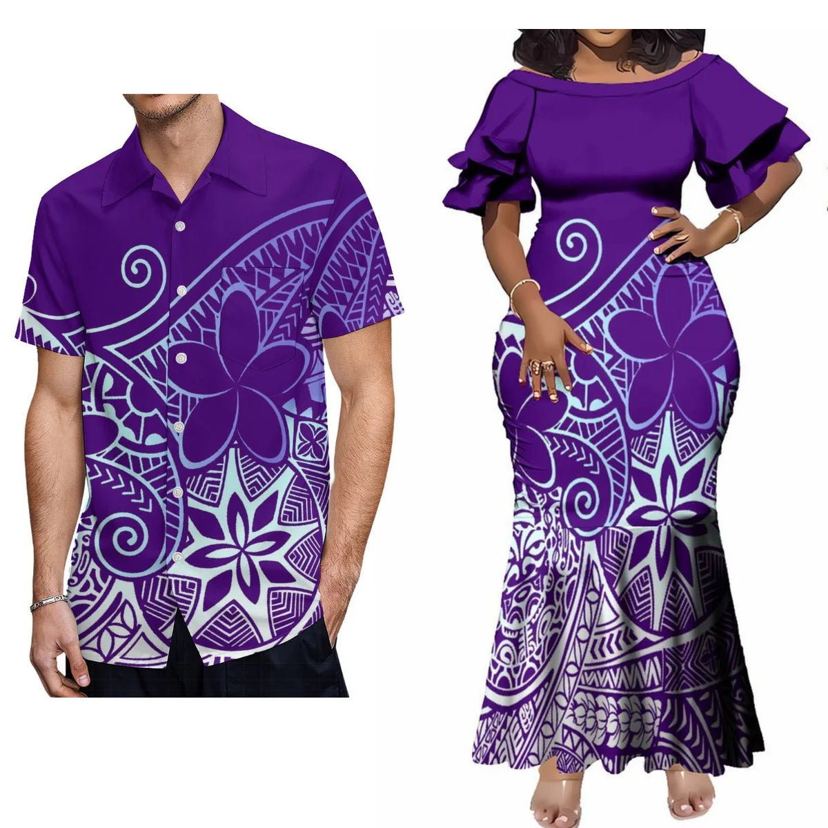 Polynesian Tribal Tropical Flowers Pattern Purple Couple Clothing Tropical Fishtail Dress And Hawaiian Shirt Matching Outfit For Her Him
