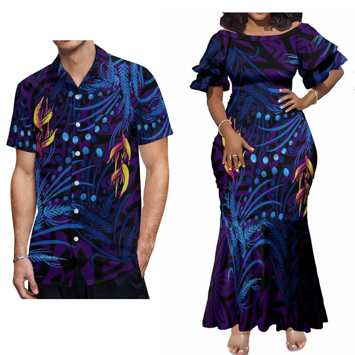 Polynesian Flowers Tropical Couples Matching Outfit For Her Him Fishtail Skirt Dress And Shirt