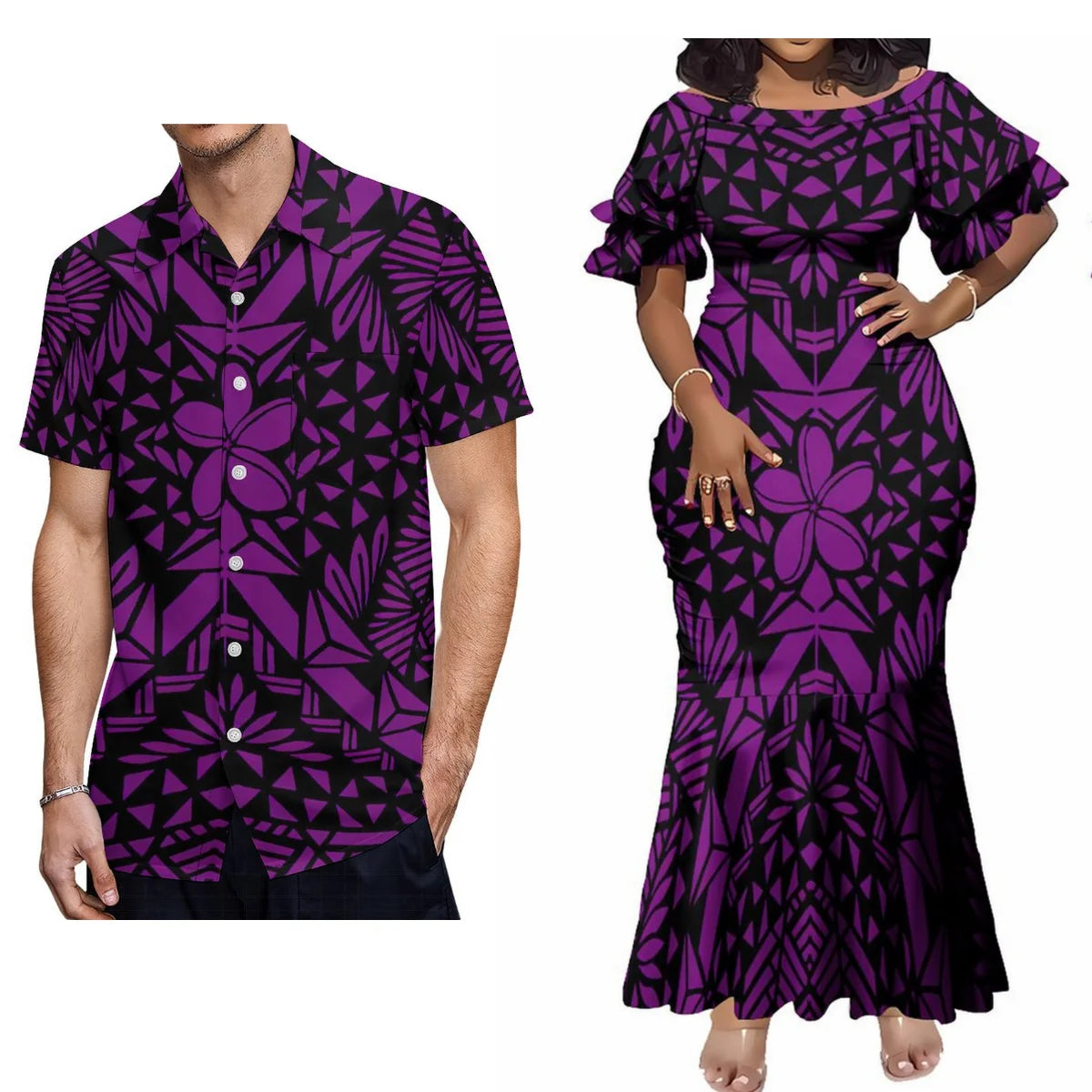 Polynesian Flowers Leaf Tropical Purple Couple Matching Outfit For Her Him Fishtail Skirt Dress And Shirt