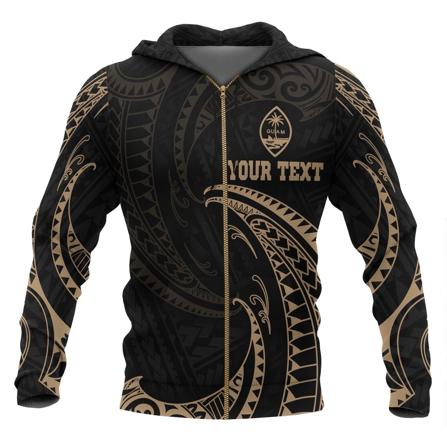 Custom Text Guam Polynesian All Over Custom Personalised Zip Up Hoodie Gold Tribal Wave