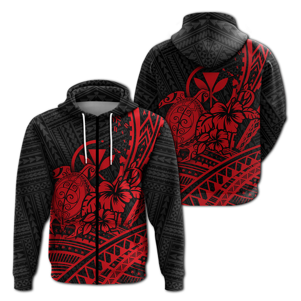 Hawaii Turtle With Hibiscus Tribal Red Zip Hoodie