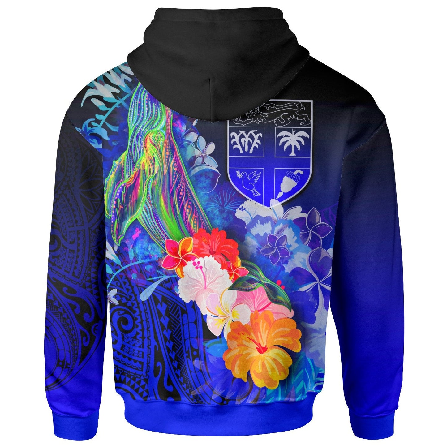 Custom Text Fiji Custom Personalised Hoodie Humpback Whale with Tropical Flowers Blue