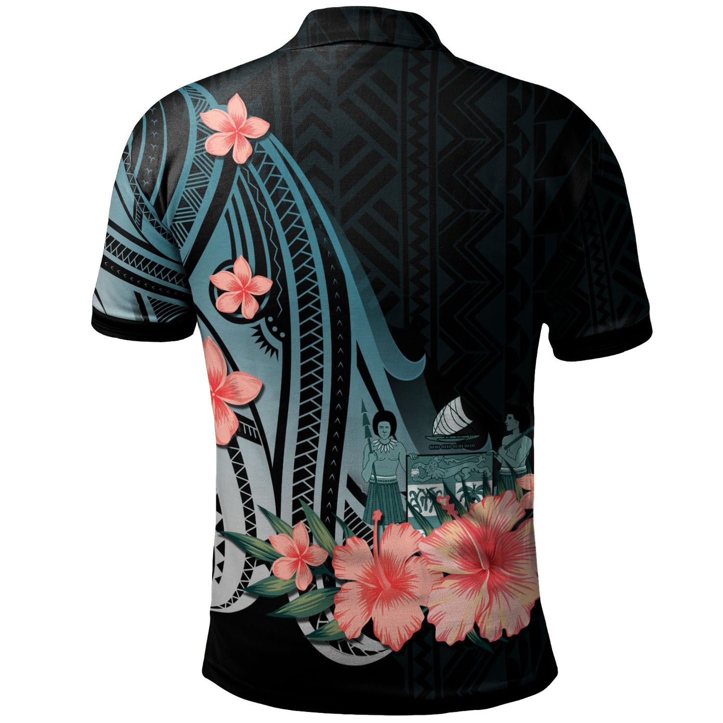 Fiji Polo Shirt - Turquoise Polynesian Hibiscus Pattern Style