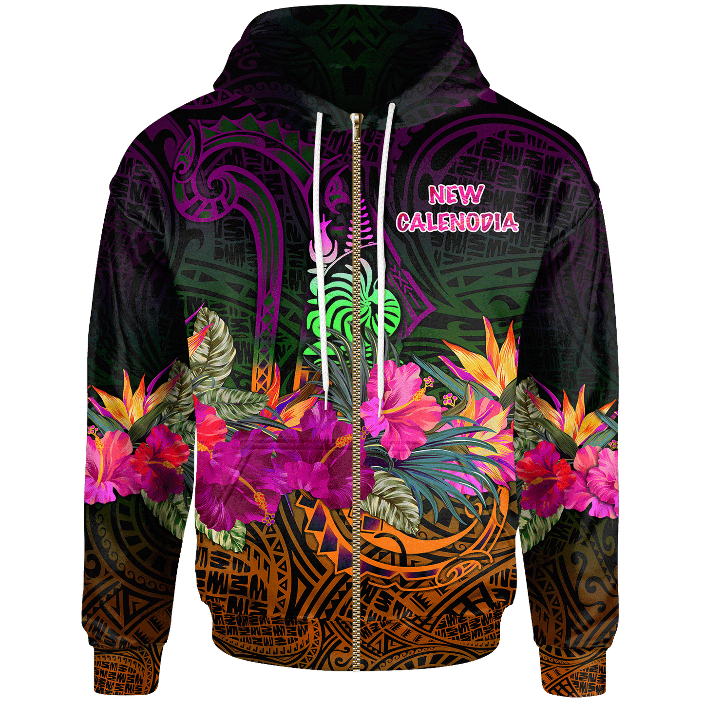 New Caledonia Polynesian Zip Up Hoodie Summer Hibiscus