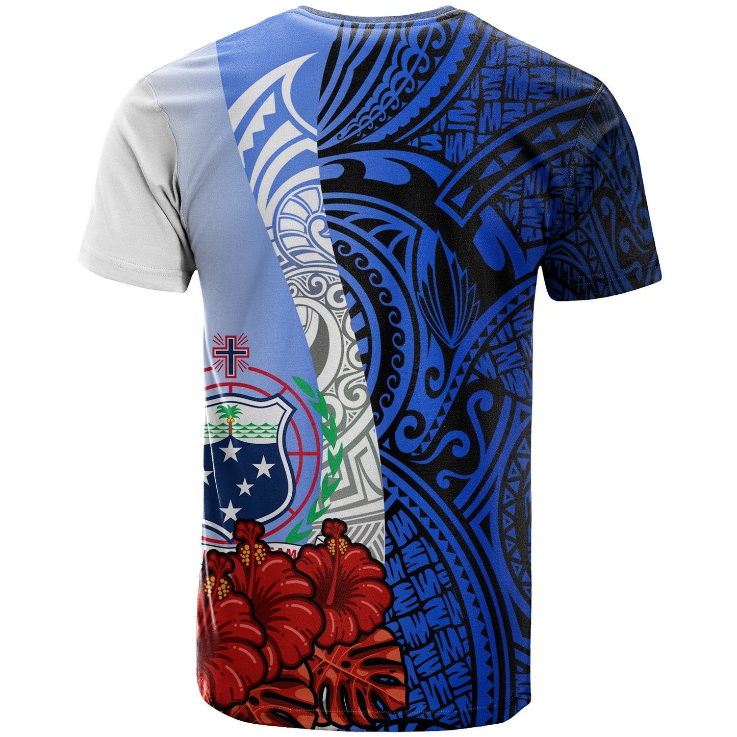 Samoa Polynesian T-Shirt - Coat Of Arm With Hibiscus Blue
