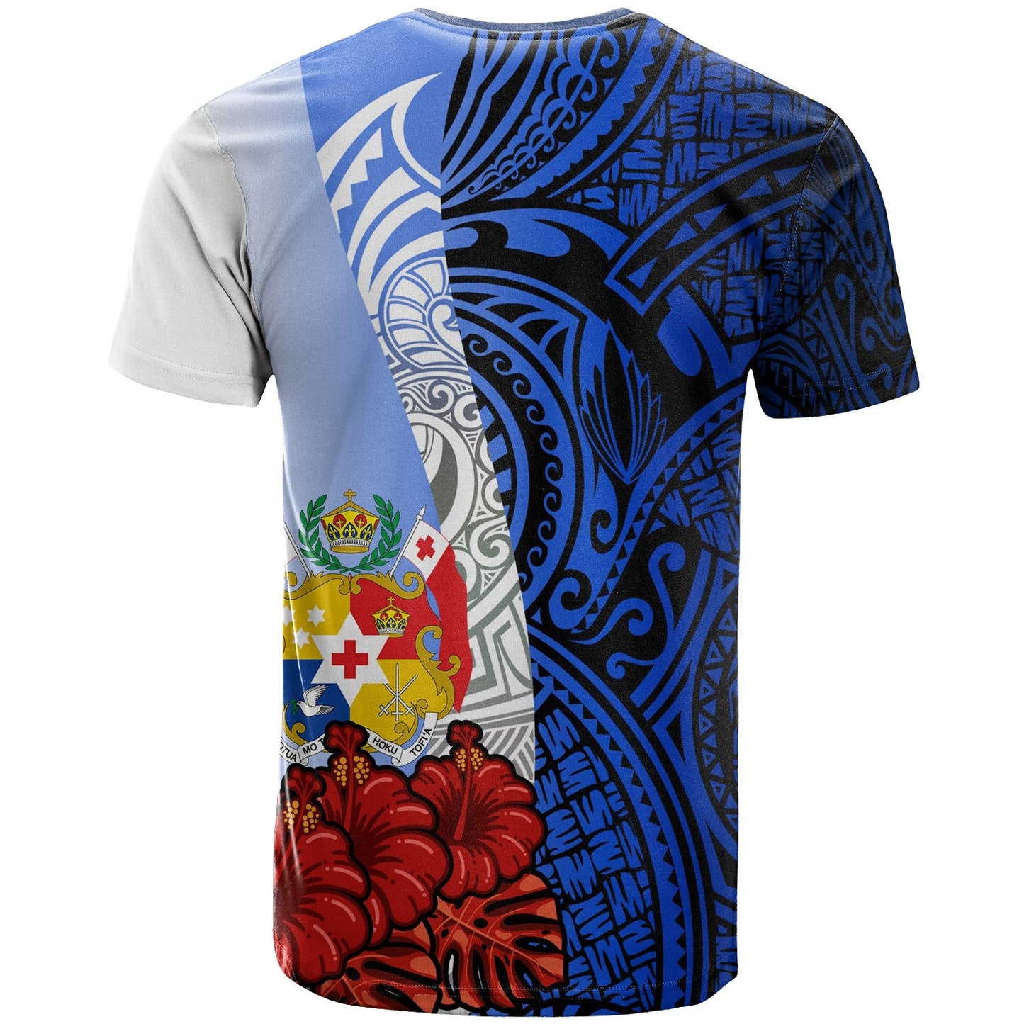 Tonga Polynesian Custom Personalised T-Shirt - Coat Of Arm With Hibiscus Blue