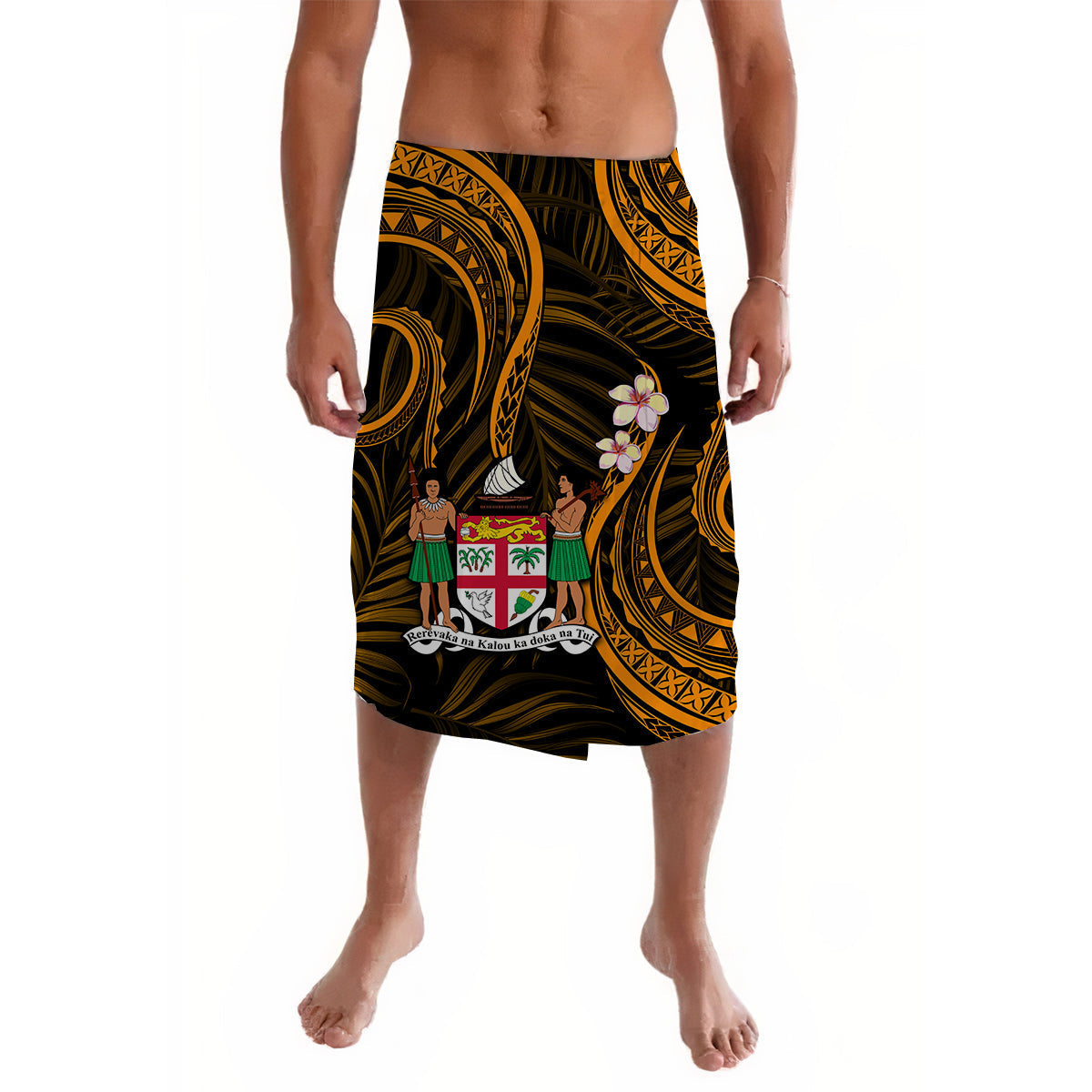 Fiji Coat of Arms Lavalava Polynesian Mix Gold Coconut Pattern