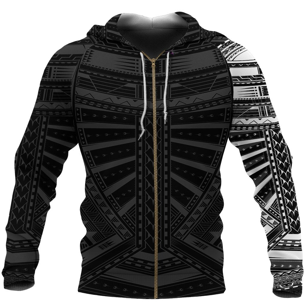 New Zealand Zip Up Hoodie, Maori Samoan Polynesian Tattoo Zipper Hoodie White
