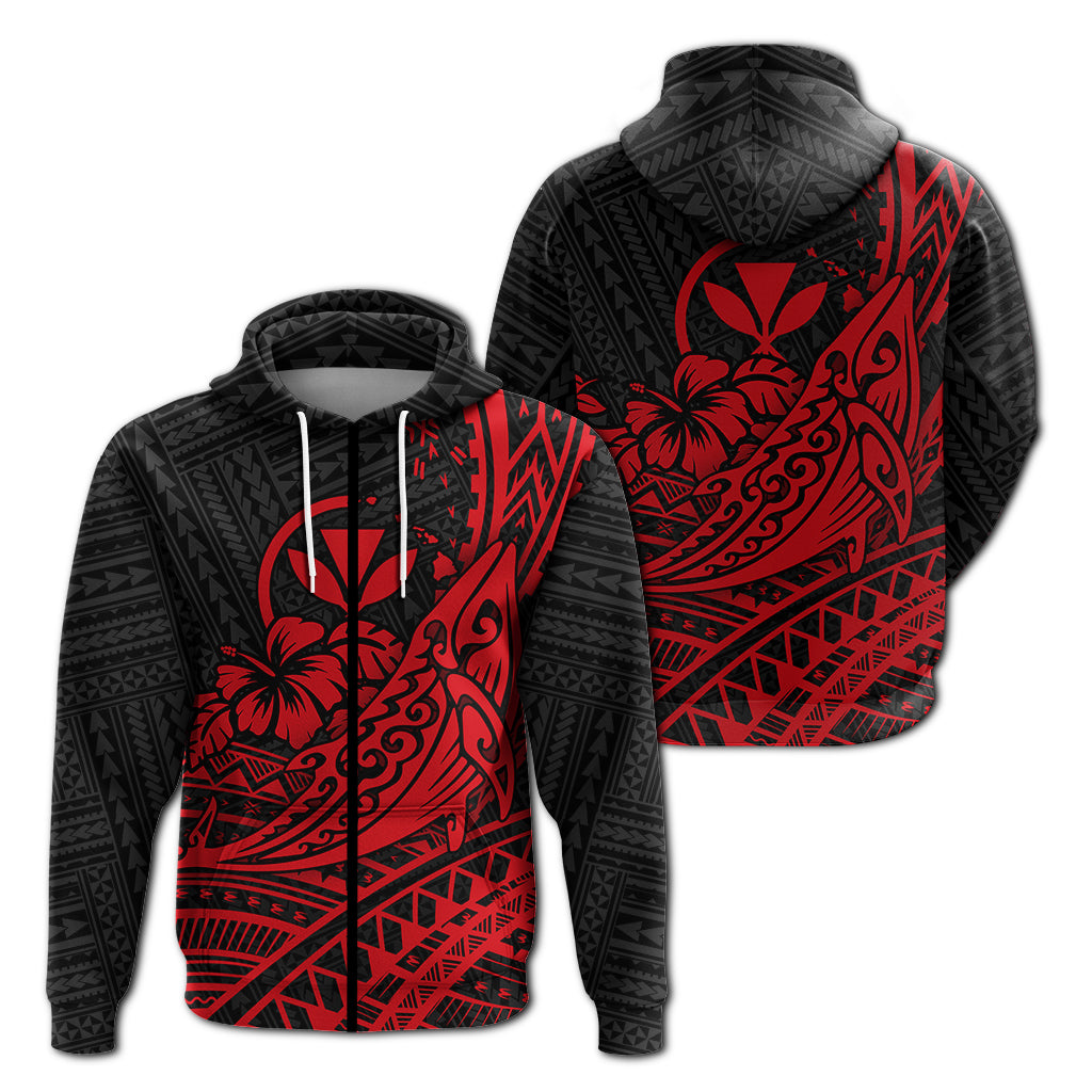 Hawaii Humpback Whale With Hibiscus Tribal Red Zip Hoodie
