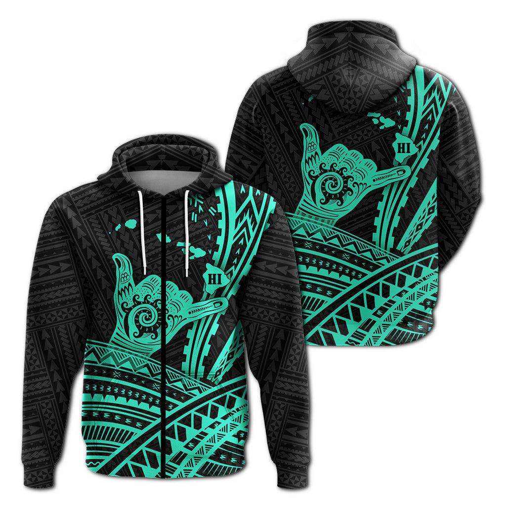 Hawaii Shaka Polynesian Tribal Turquoise Zip Hoodie