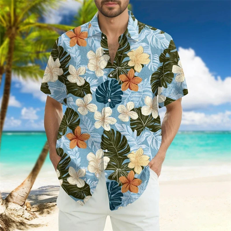 Vintage Flower Plants Pattern Men's Hawaiian Shirt Summer Short Sleeve Shirt