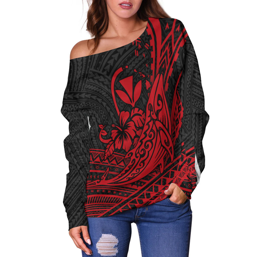 Hawaii Humpback Whale With Hibiscus Tribal Red Women Off Shoulder Sweater