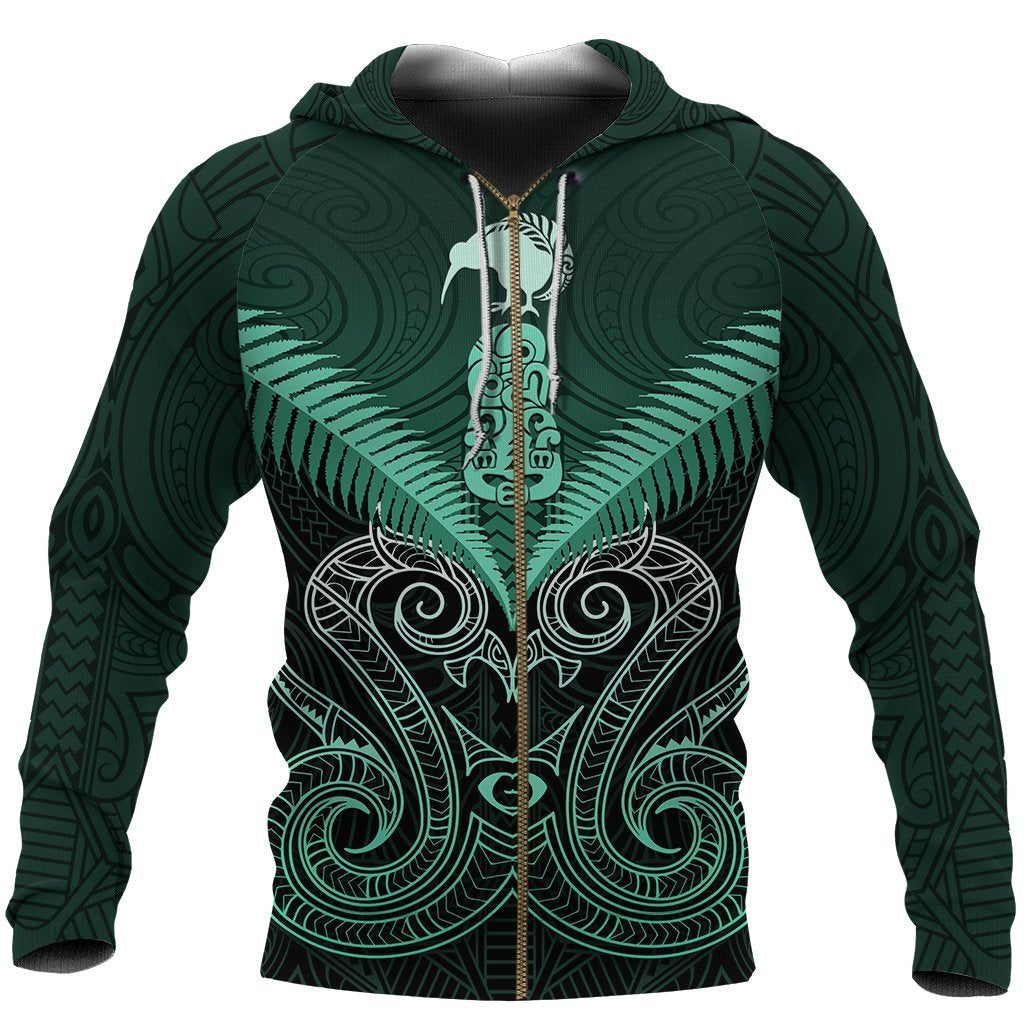 Maori Manaia New Zealand Zip Up Hoodie Turquoise