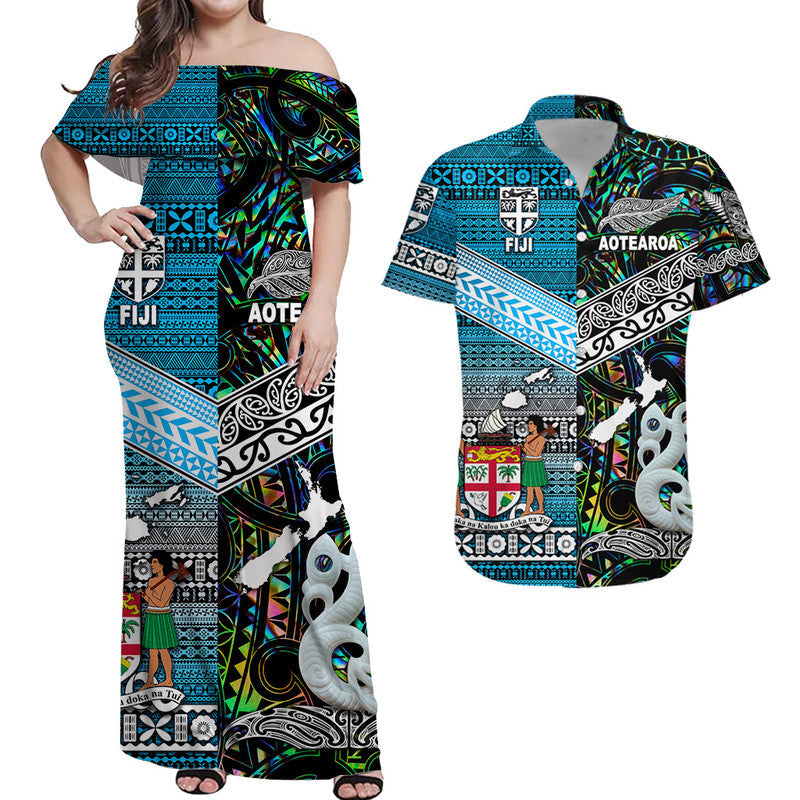 Matching Outfits For Couples New Zealand And Fiji Combo Dress And Shirt Together Paua Shell