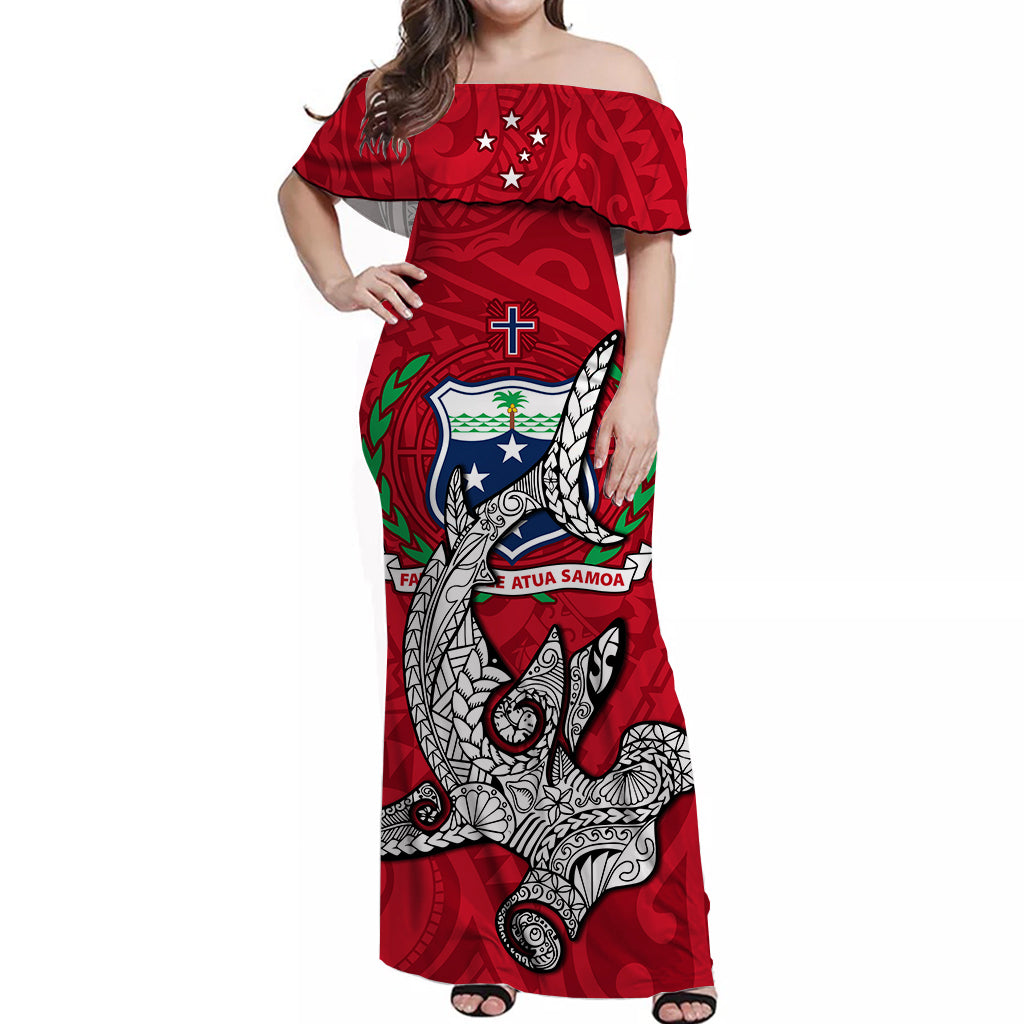 Samoa Off Shoulder Long Dress Hammerhead Shark Red