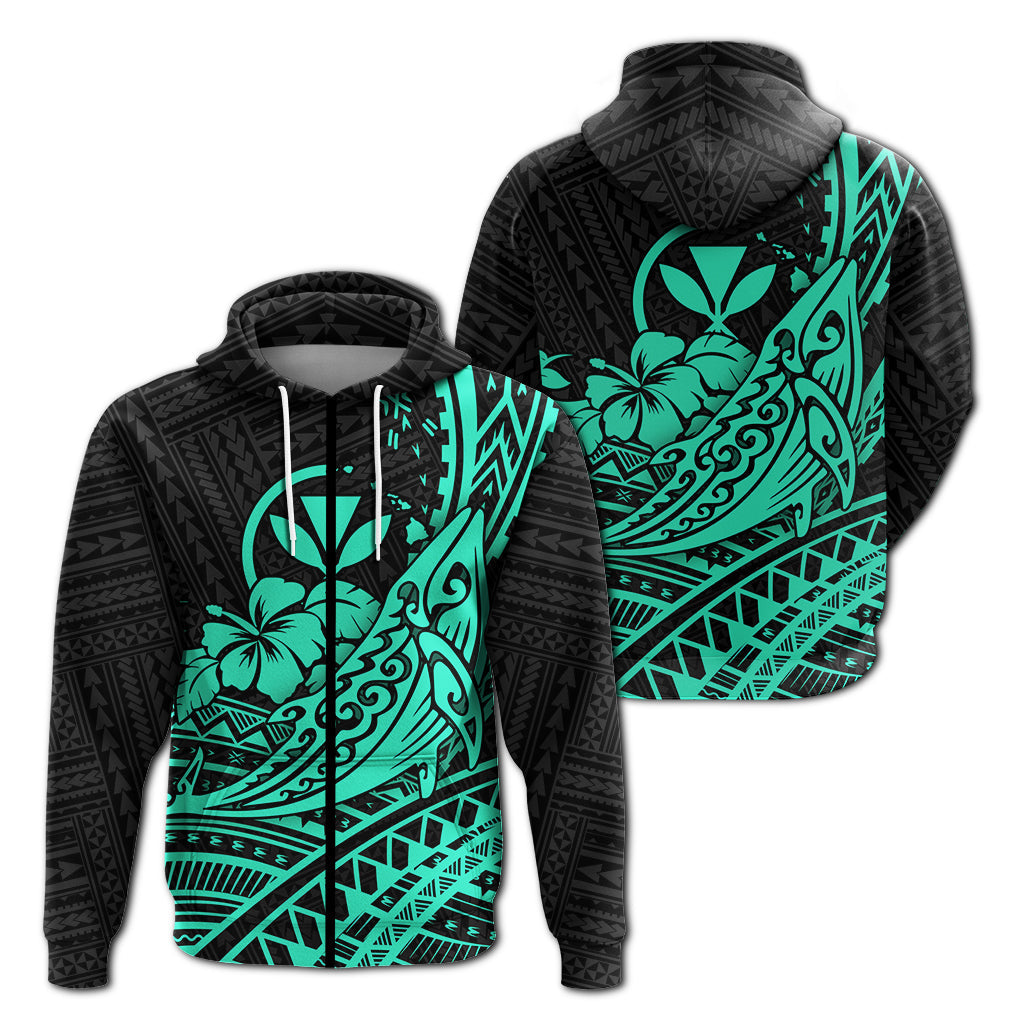 Hawaii Humpback Whale With Hibiscus Tribal Turquoise Zip Hoodie