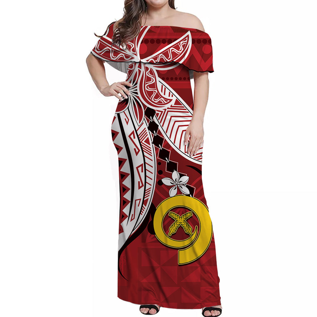 Vanuatu Color Off Shoulder Long Dress Pig Tusk Polynesian Red
