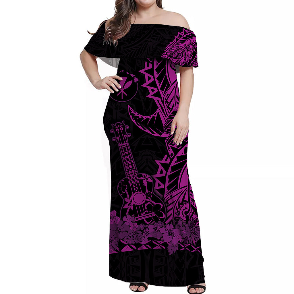 Hawaii Polynesian Off Shoulder Long Dress Ukulele Purple
