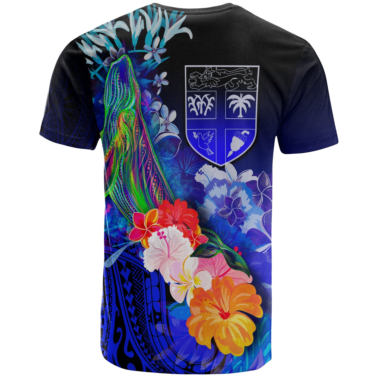 Fiji Custom Personalised T Shirts Humpback Whale with Tropical Flowers (Blue)