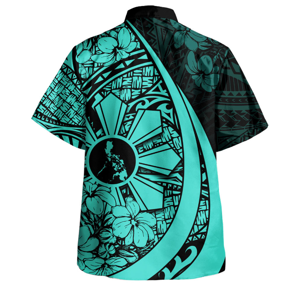 Philippines Filipinos Hawaiian Shirt National Sampaguita Flower Symbols Style Turquoise Short Sleeve Shirt