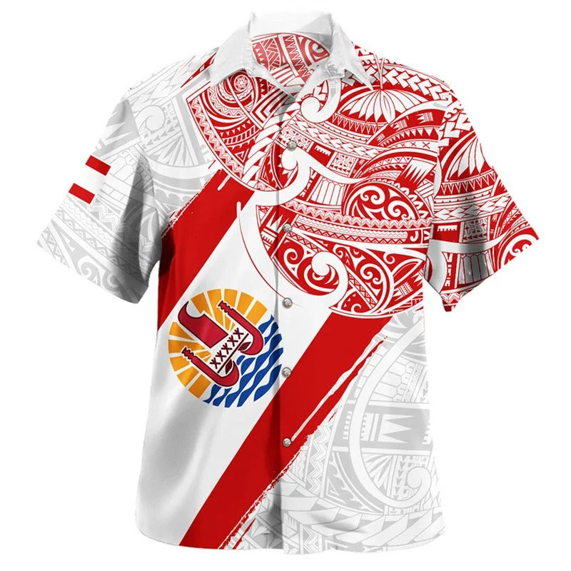 Tahiti Polynesian Tribal Hawaiian Shirts For Men Clothes Printed Tahitian White Summer Button Shirt