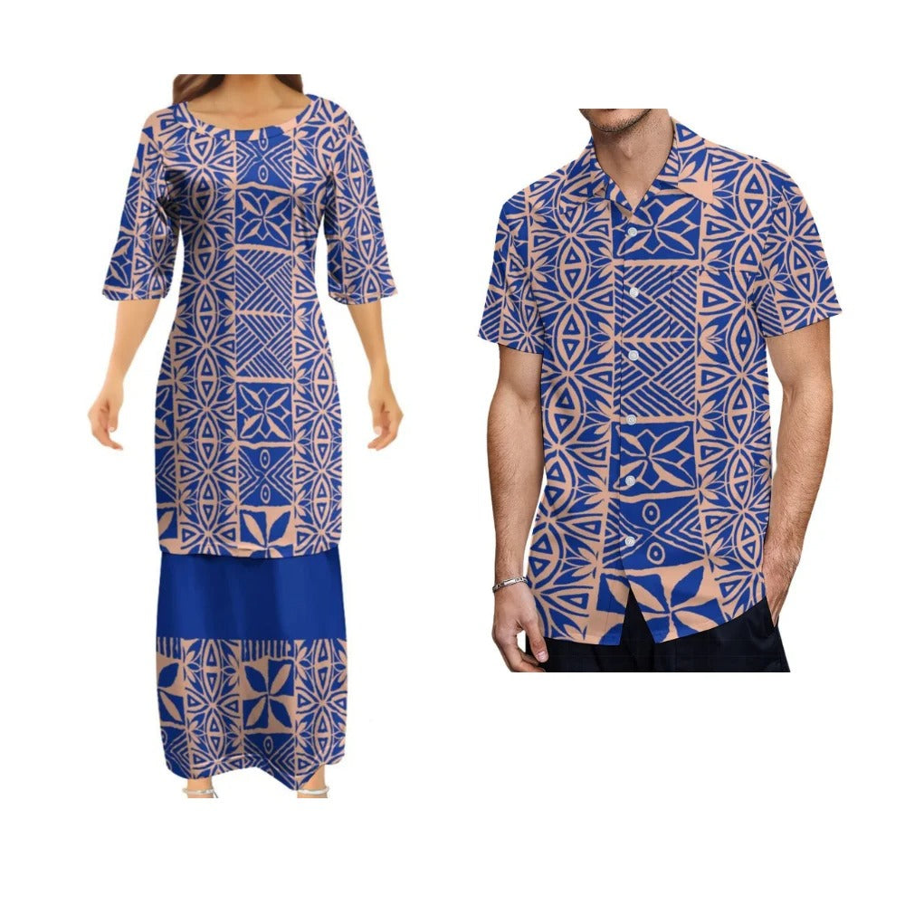 Polynesian Tribal Island Pattern Matching Outfit Couple Set Women's Dress Men's Shirt