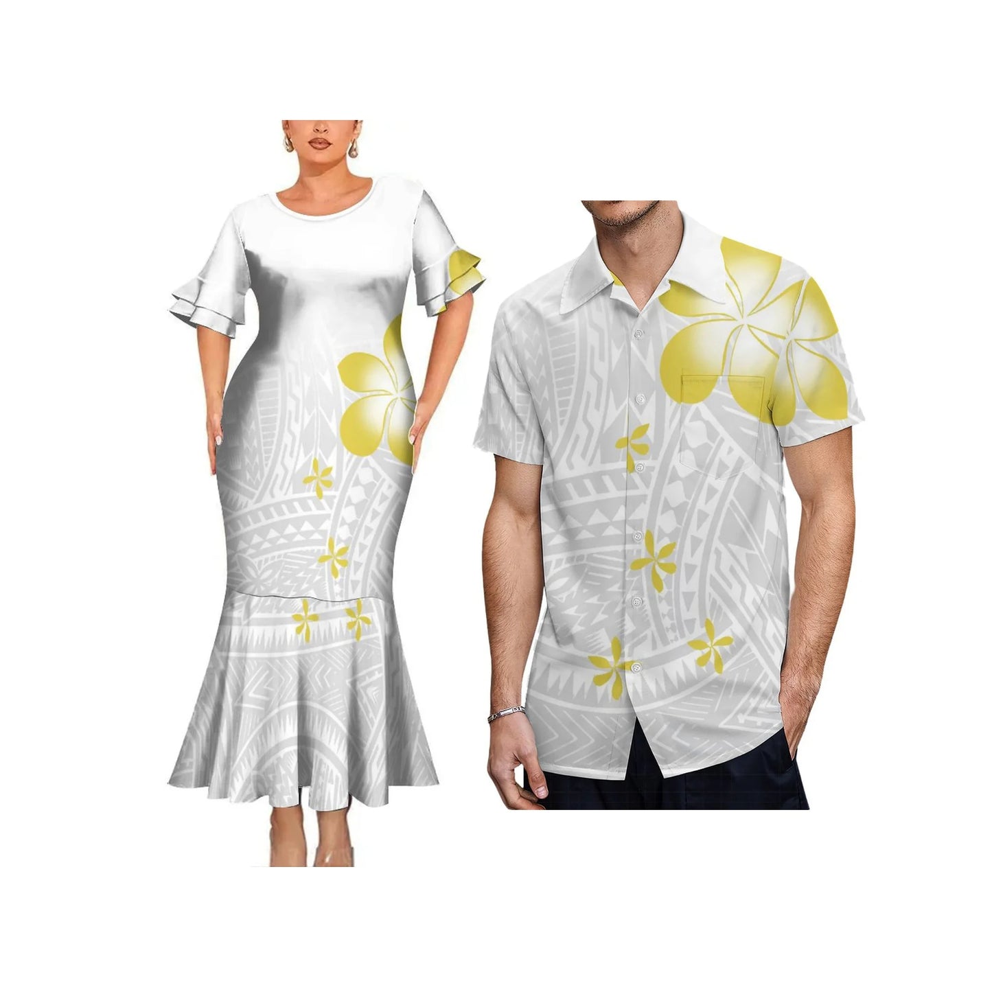 Polynesian Tribal Tropical Flowers Printed White Couple Matching Dress Fishtail Skirt Dress And Hawaii Shirt Outfit