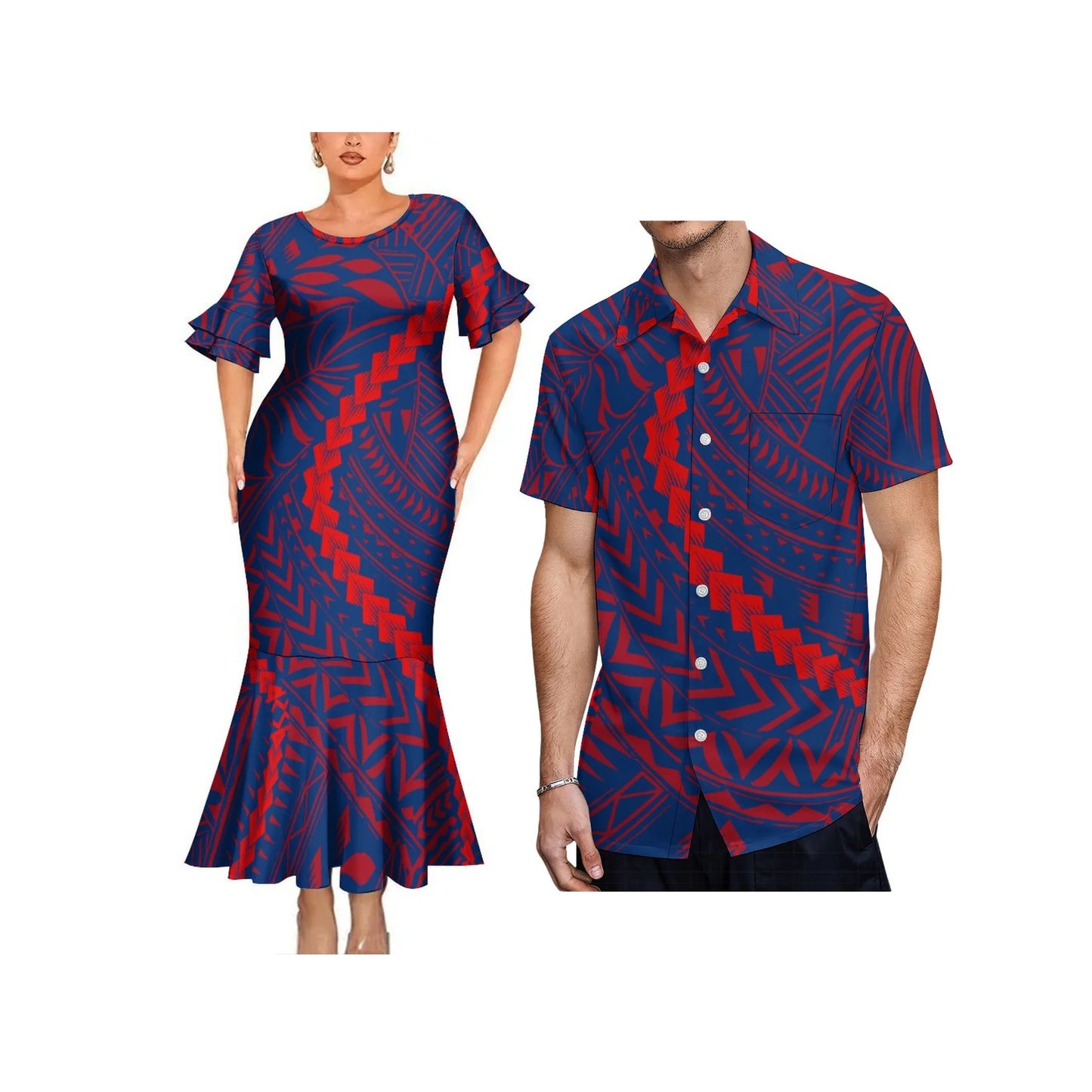 Polynesian Tribal Pattern Blue Couple Matching Dress Fishtail Skirt Dress And Hawaii Shirt Outfit