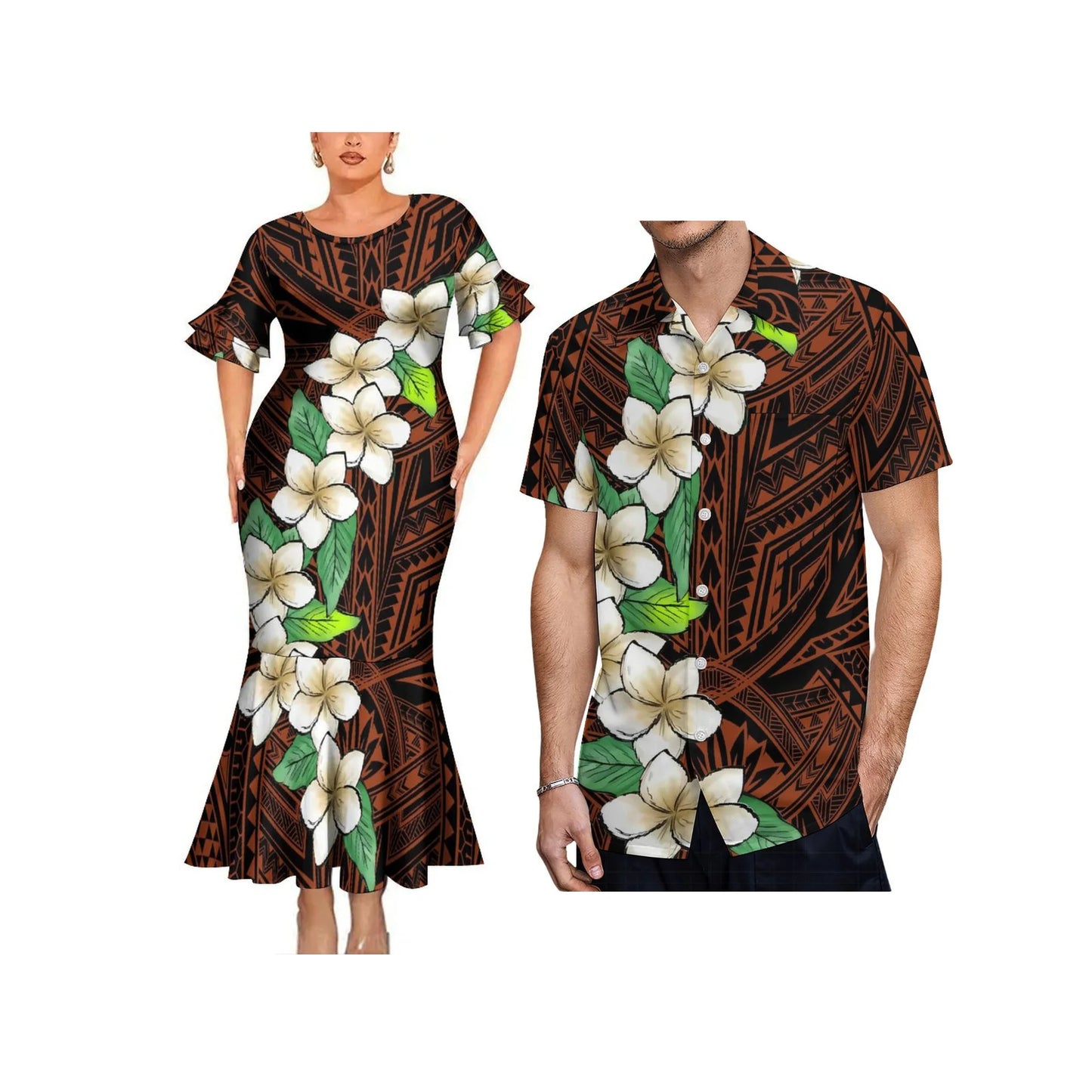 Polynesian Tribal Tropical Flowers Curve Style Couple Matching Dress Fishtail Skirt Dress And Hawaii Shirt Outfit