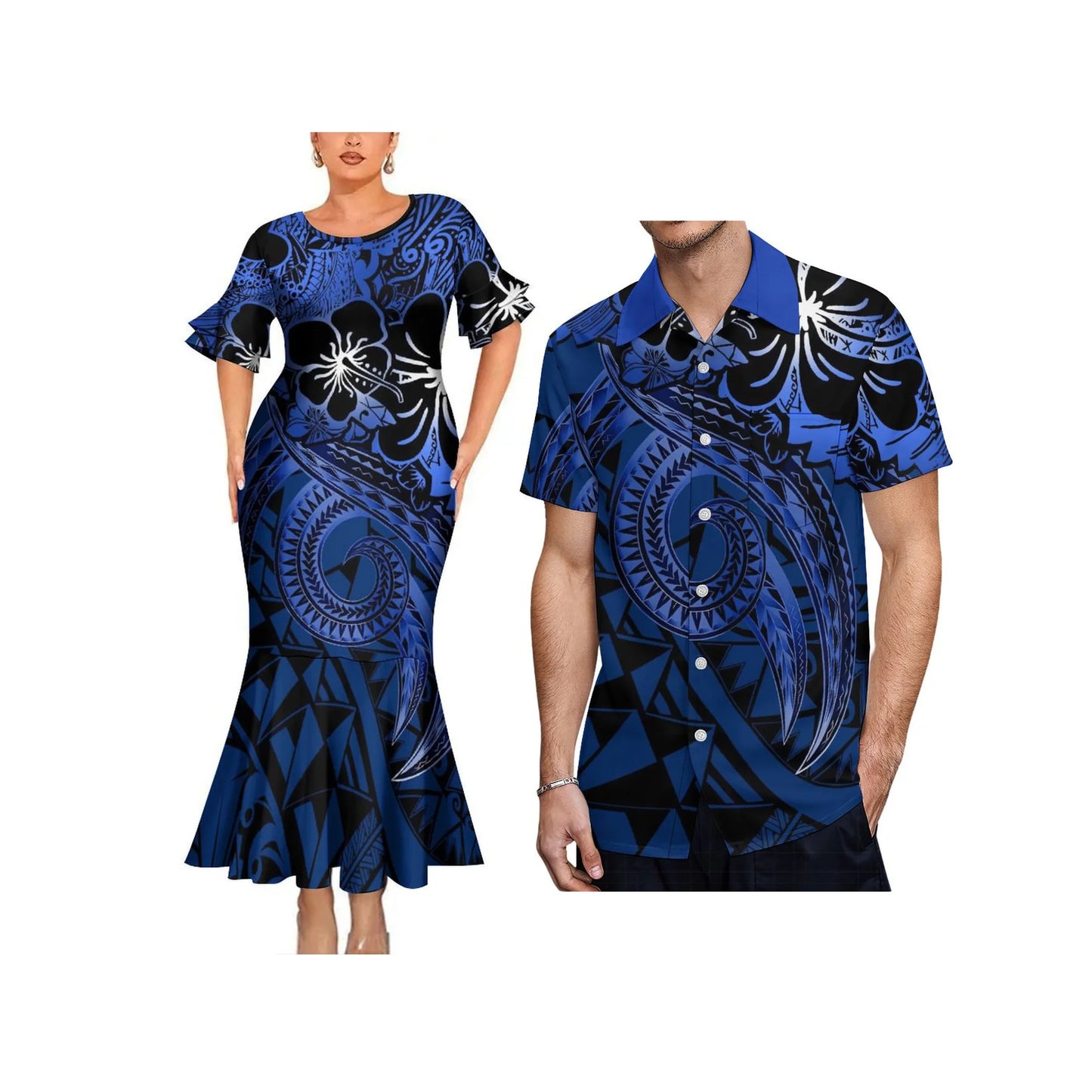 Polynesian Tribal Tropical Hibiscus Pattern Blue Couple Matching Dress Fishtail Skirt Dress And Hawaii Shirt Outfit