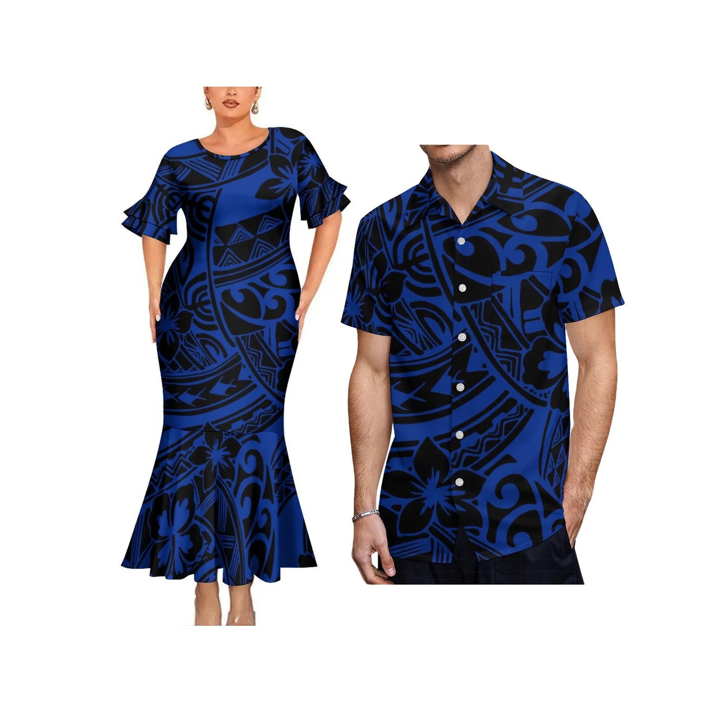 Polynesian Tribal Pattern Blue Couple Matching Dress Fishtail Skirt Dress And Hawaii Shirt Outfit