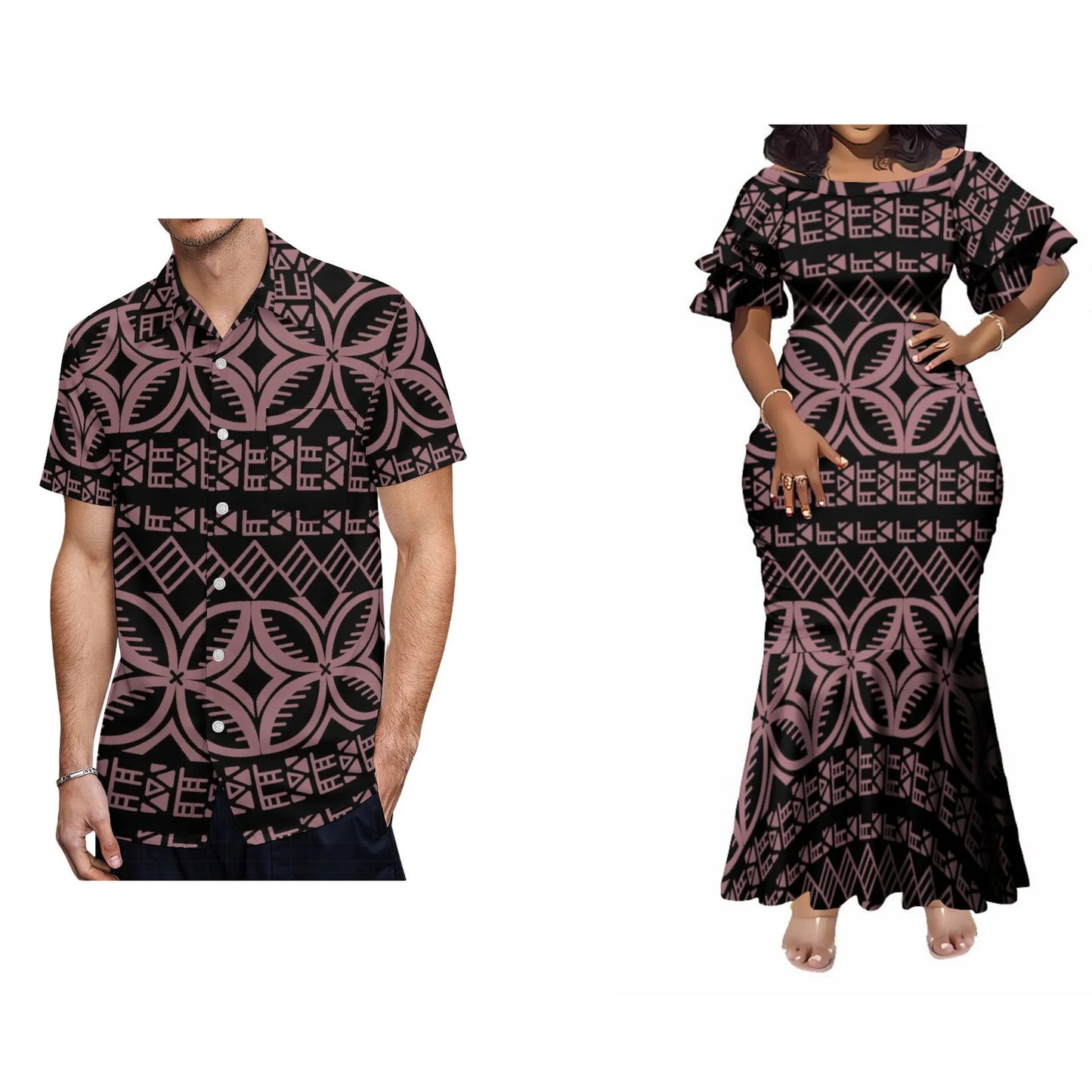 Polynesian Tribal Geometric Fishtail Skirt Dress And Shirt Vintage Polynesian Tribal Matching Outfit For Him Her