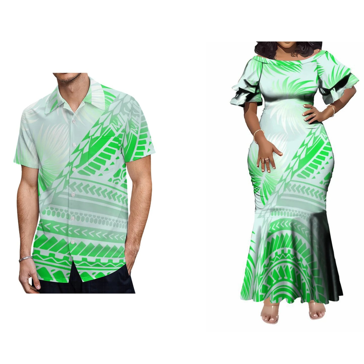 Polynesian Tribal Geometric Fishtail Skirt Dress And Shirt Polynesian Green Pattern Matching Outfit For Him Her