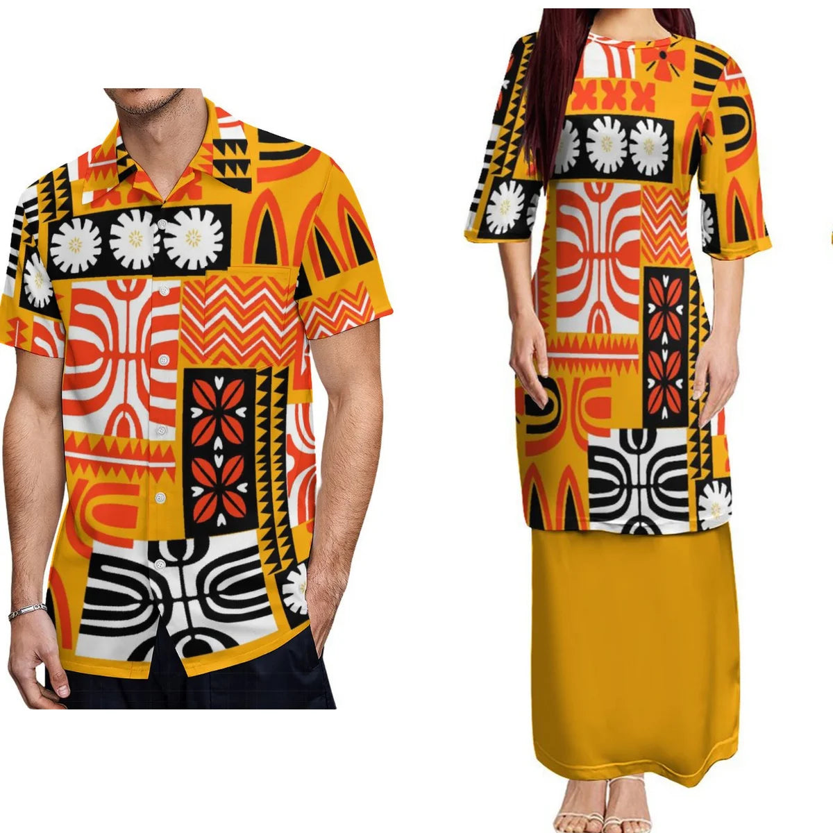 Samoan Traditional Pattern Puletasi Dress Two-Piece Polynesian Island Matching Pair Outfit Matching Hawaiian Men's Shirt