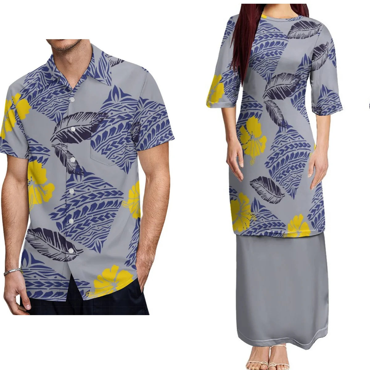 Samoan Traditional Polynesian Hibiscus Flowers Tropical Pattern Puletasi Dress Two-Piece Polynesian Matching Pair Outfit Matching Hawaiian Men's Shirt