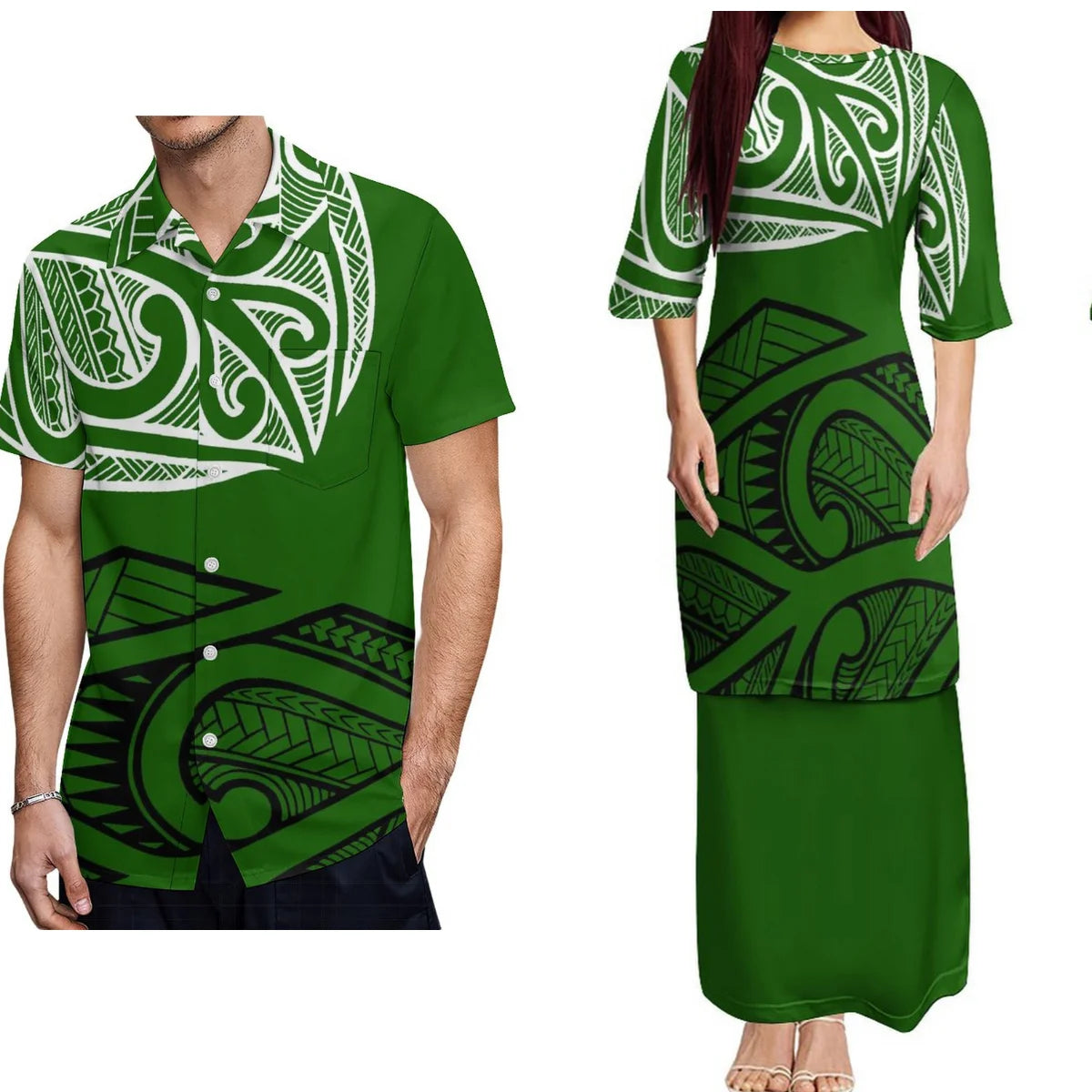 Samoan Traditional Polynesian Tribal Pattern Puletasi Dress Two-Piece Polynesian Island Green Matching Pair Outfit Matching Hawaiian Men's Shirt