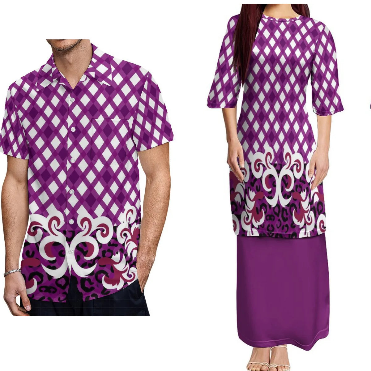 Samoan Traditional Purple Puletasi Dress Two-Piece Polynesian Island Matching Pair Outfit Matching Hawaiian Men's Shirt