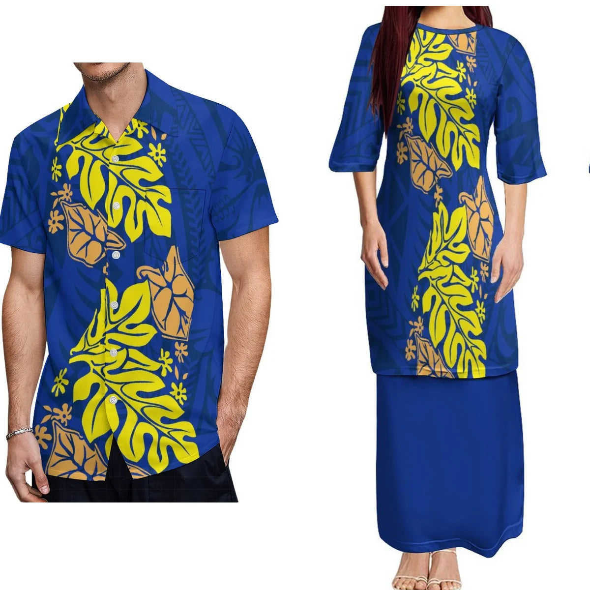 Samoan Traditional Polynesian Leaf Pattern Puletasi Dress Two-Piece Polynesian Island Blue Matching Pair Outfit Matching Hawaiian Men's Shirt