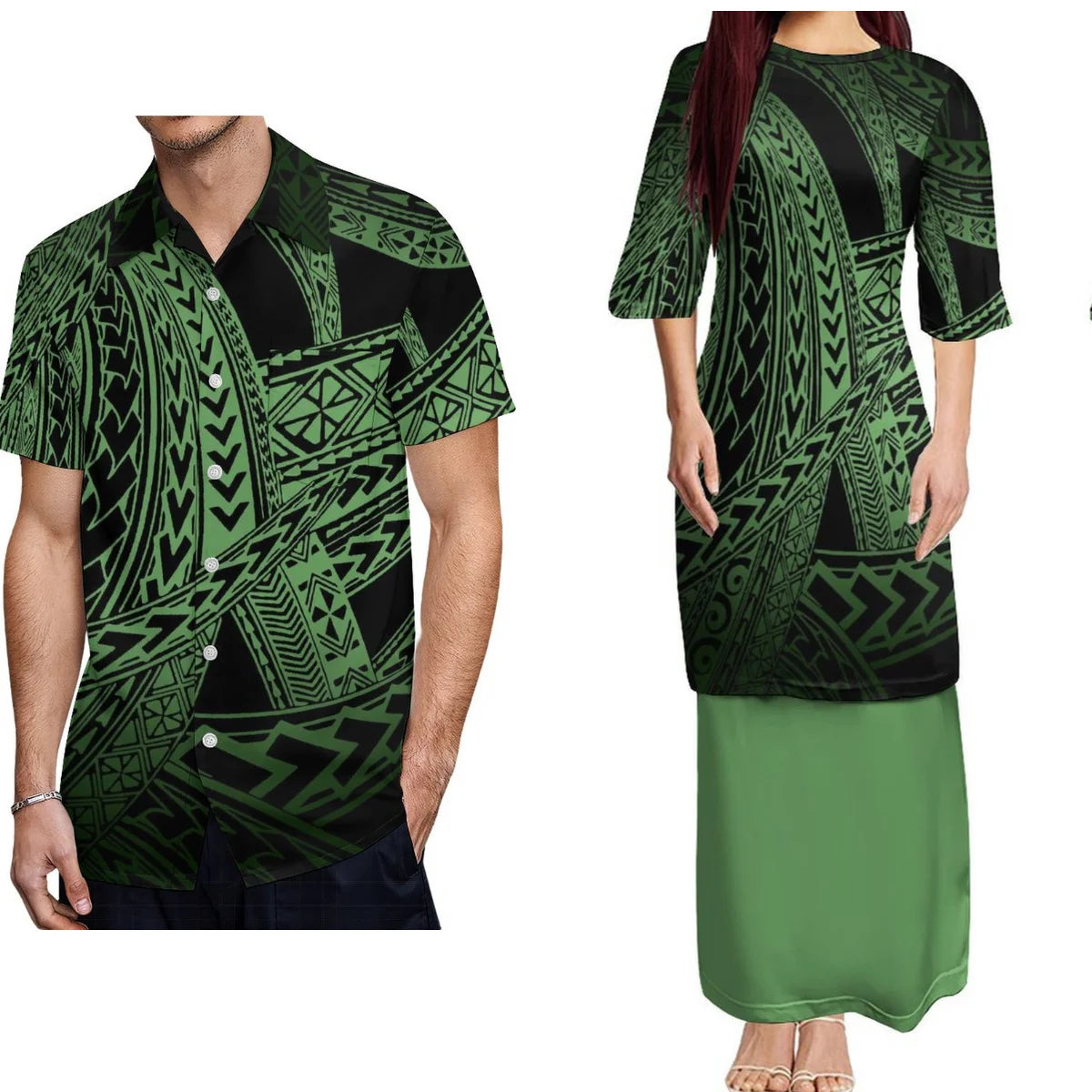 Samoan Traditional Polynesian Pattern Puletasi Dress Two-Piece Polynesian Island Green Matching Pair Outfit Matching Hawaiian Men's Shirt