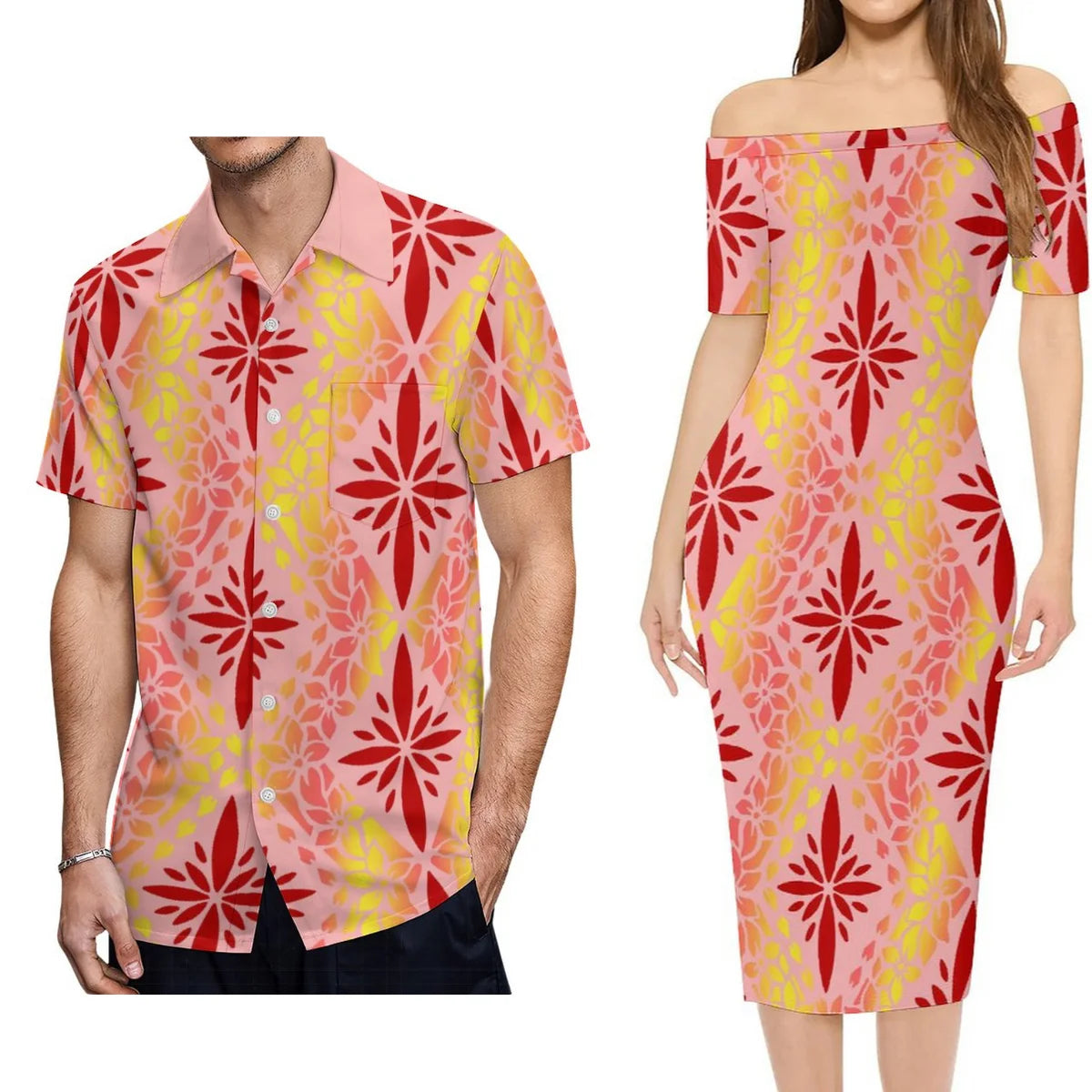 Polynesian Tribal Pattern Outfit For Couple Polynesian Island Off Shoulder Lady Short Sleeve Dress And Shirt Party Set