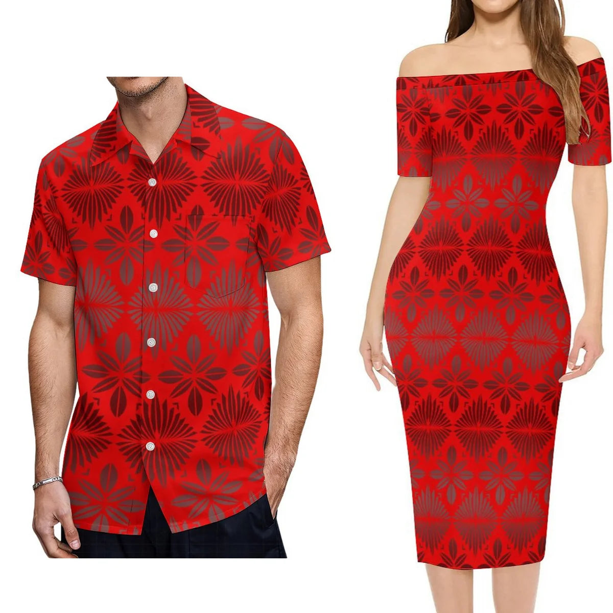 Red Polynesian Tribal Pattern Outfit For Couple Polynesian Island Off Shoulder Lady Short Sleeve Dress And Shirt Party Set