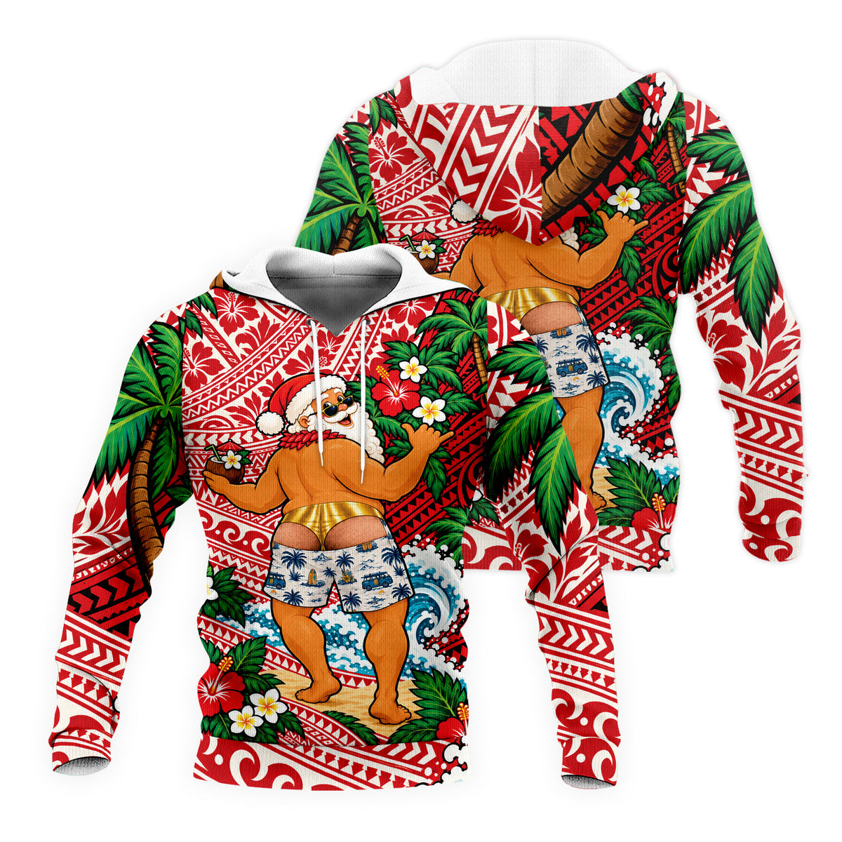 Funny Santa Hoodie Polynesian Tribal Christmas Zip Hoodie