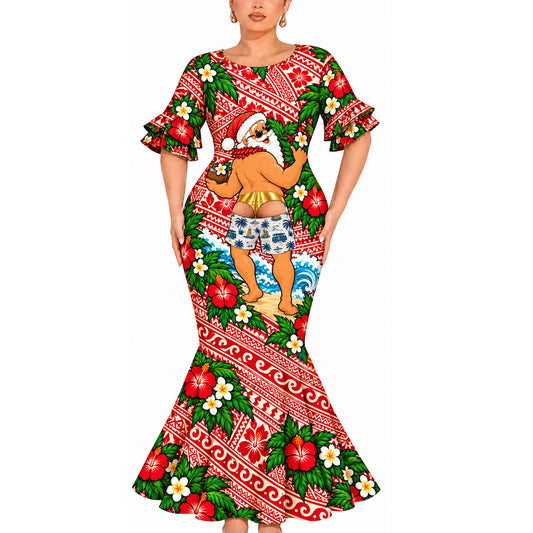 Funny Polynesian Tribal Christmas Pattern Couple Matching Outfit Island Short Sleeve Mermaid Long Dress And Shirt