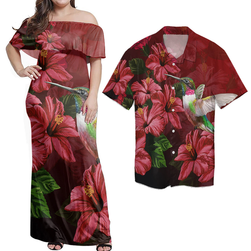 Matching Hawaiian Outfits Combo Dress And Shirt Hawaii Red Hibiscus Humming Bird