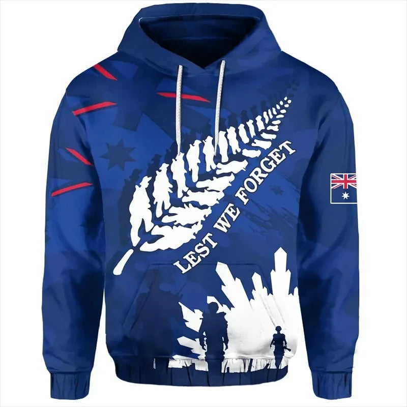 New Zealand Flag Hoodie Soldier Silver Fern NZ Flag Lest We Forget Printed Hoodie