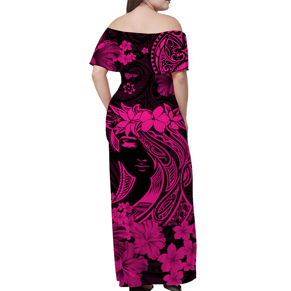 Hawaii Off Shoulder Long Dress Polynesia Pink Attractive Hula Girl