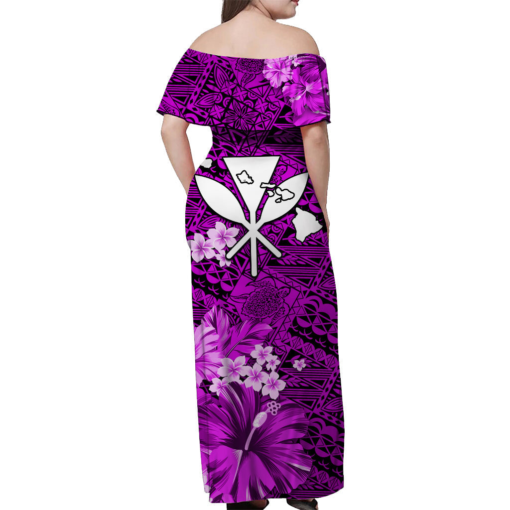 Custom Personalised Hawaii Off Shoulder Long Dress Map and Turtle Purple Flowers
