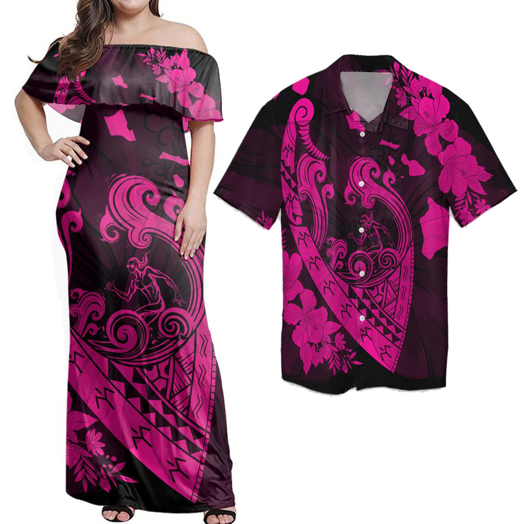 Matching Hawaiian Outfits Combo Dress And Shirt Hawaiian Fish Hook Hibiscus Banzai Surfing Polynesian Pink