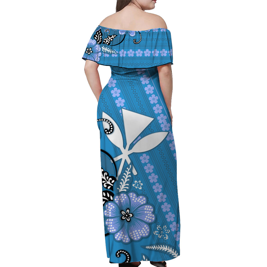 Hawaii Off Shoulder Long Dress Kakau Tribal Blue Batik Floral Ver.01