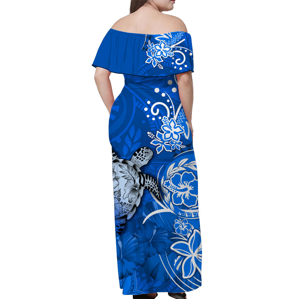 Custom Personalised Hawaii Off Shoulder Long Dress Polynesia Blue Sea Turtle Honu and Hibiscus